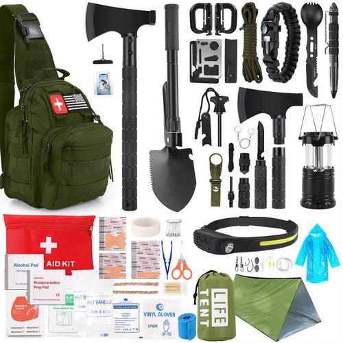 Kit, 268 Pcs Emergency Survival Gear and Equipment Supplies with First Aid Kit, Camping Axe, Headlamp, Crossbody Bag for Camping